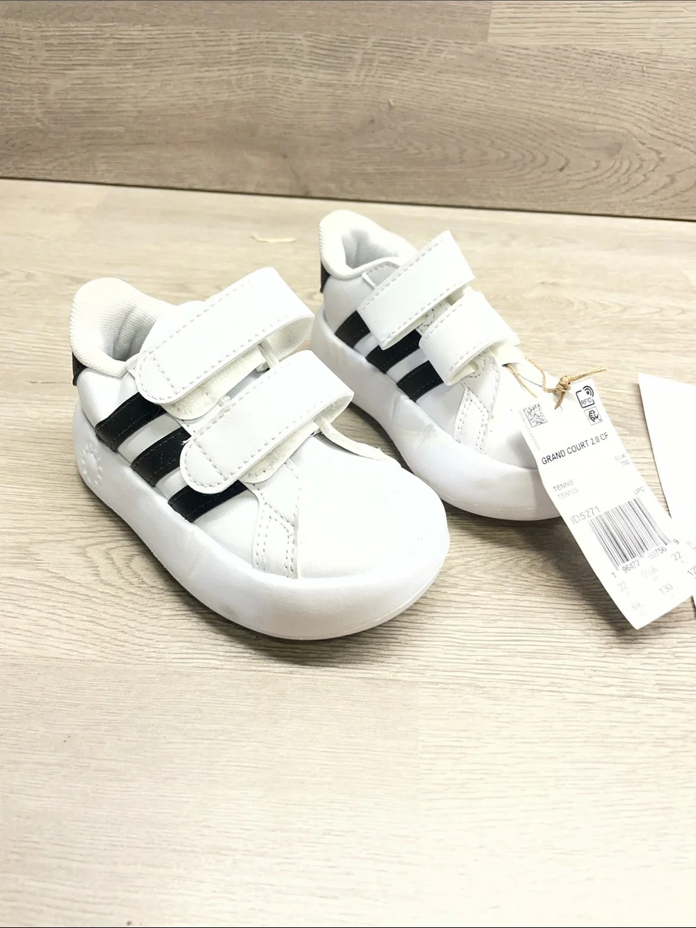 adidas Kids White Sneakers with Black Stripes - Velcro Closure #1067